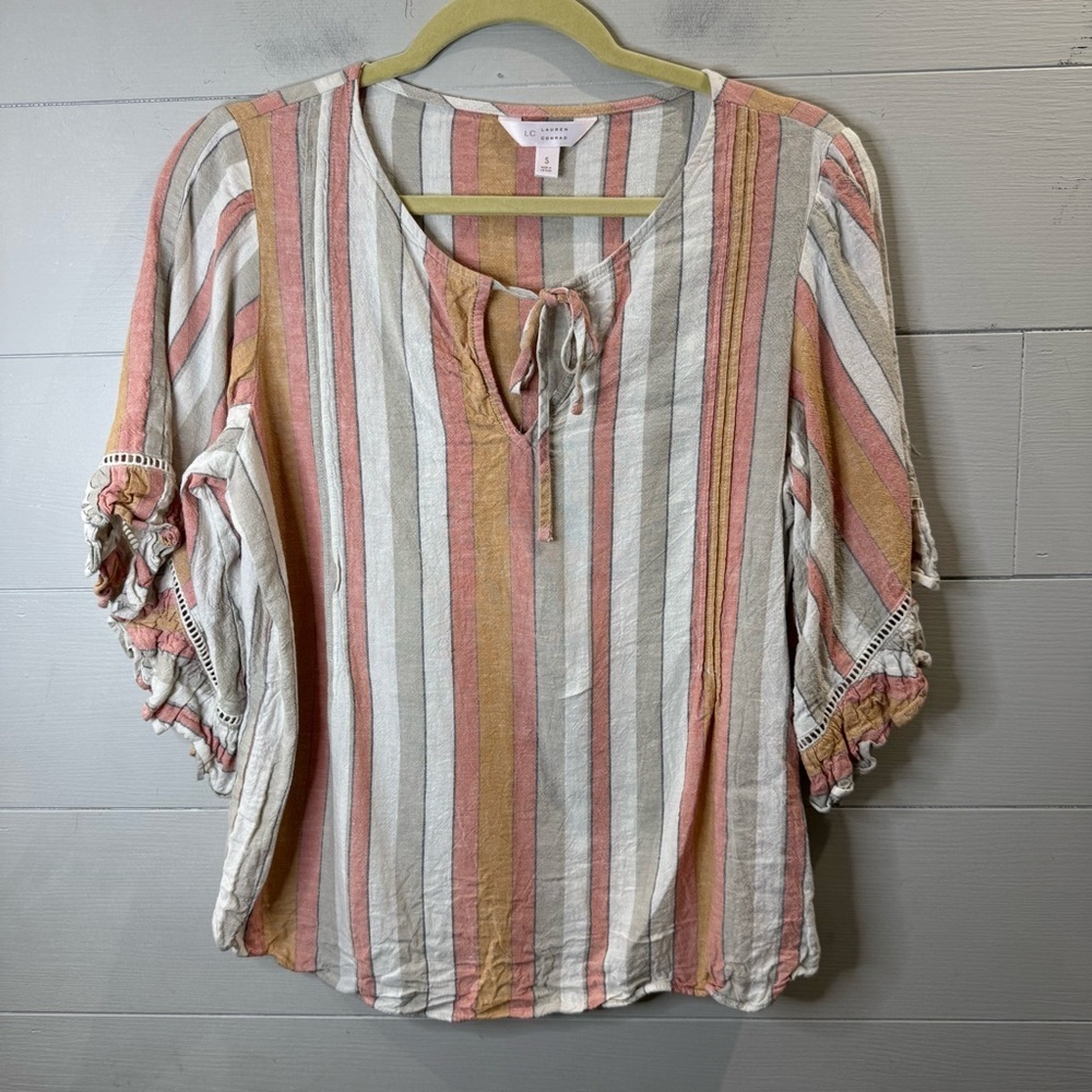 LC Lauren Conrad Women’s Linen Striped Top with Tie Neck Size Small
